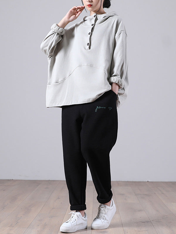 Casual Solid Color Buttoned Batwing Sleeve Hoodies