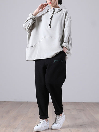 Casual Solid Color Buttoned Batwing Sleeve Hoodies