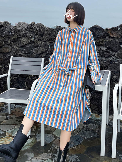 Original Stylish Striped Contrast Color Tied Buttoned Split-Side Lapel Collar Long Sleeves Midi Shirt Dress