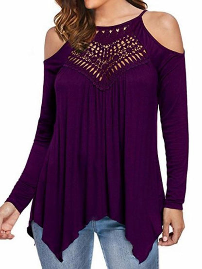 Lace Patchwork off-the-shoulder Long-sleeved Casual T-shirt