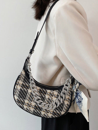 Original Chic Plaid With Chain&Scarf Zipper Canvas Shoulder Bag
