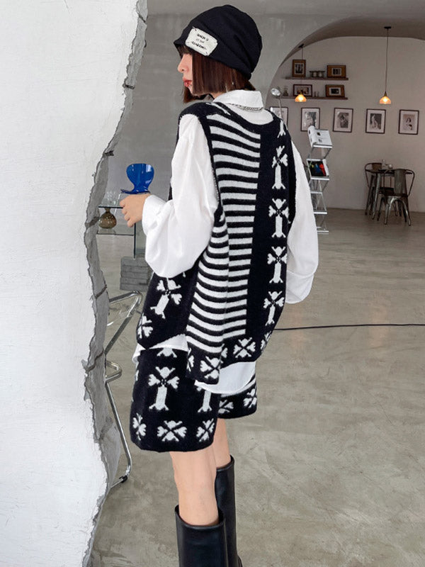 Fashion Printed Knitting  Vest & Shorts Separately 2 Pieces Set
