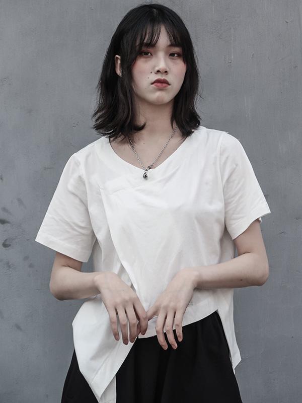 Simple Solid V-neck Asymmetric T-Shirt