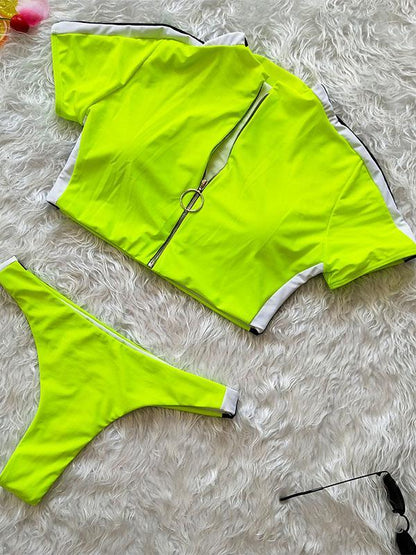 Zipper Top Short Sleeves Bikinis Swimwear