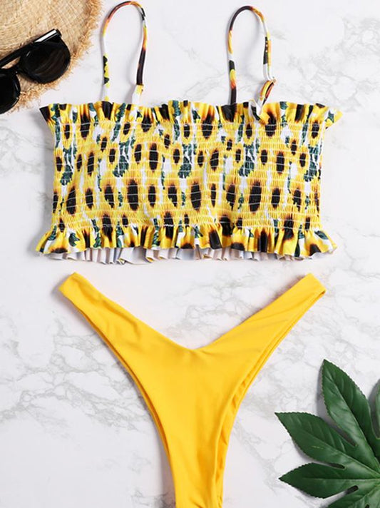Smocked Printed Bikini Swimsuit