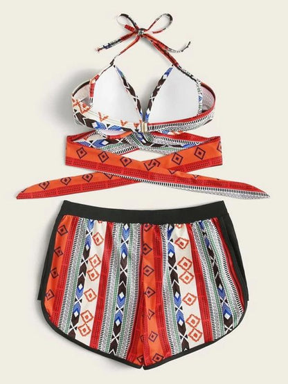 Ethnic Printed Bandage Split Tankini Swimsuit