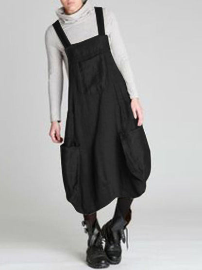 Casual Solid Color Split-Joint With Pocket Pleated Square-Neck Midi Strap Dress