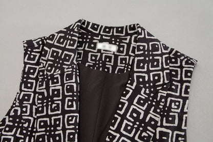 Black Cotton Geometric Cardigan Sleeveless Coat
