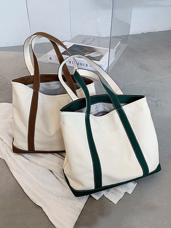 Simple Split-Joint Canvas Shoulder Bag Tote Bag