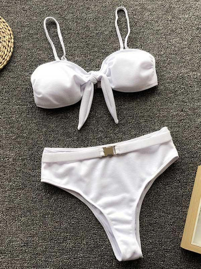 Leopard Print Bowknot High Waisted Bikini Swimsuit