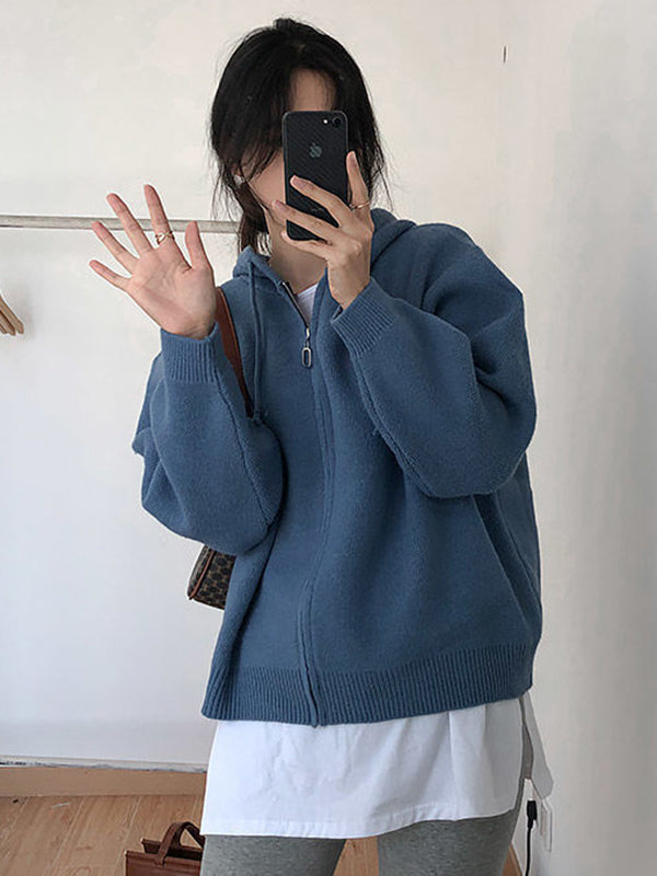 Fashion Solid Knitted Long Sleeves Hooded Outerwear