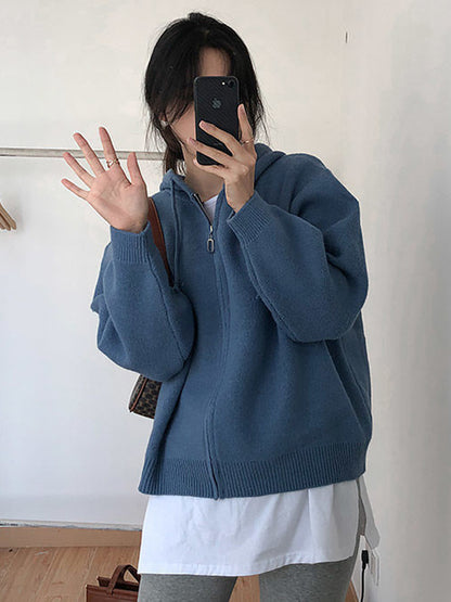 Fashion Solid Knitted Long Sleeves Hooded Outerwear