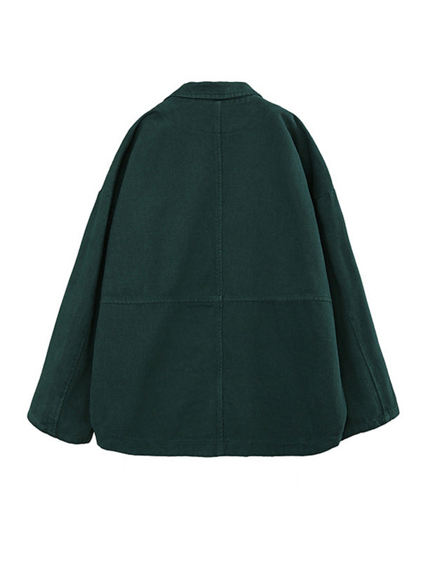 Simple Solid Color Buttoned Notched Collar Batwing Sleeve Outerwear