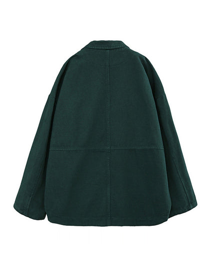 Simple Solid Color Buttoned Notched Collar Batwing Sleeve Outerwear