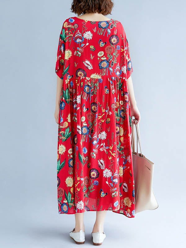 Vintage Loose Pleated Floral Printed Short Sleeves Midi Dress