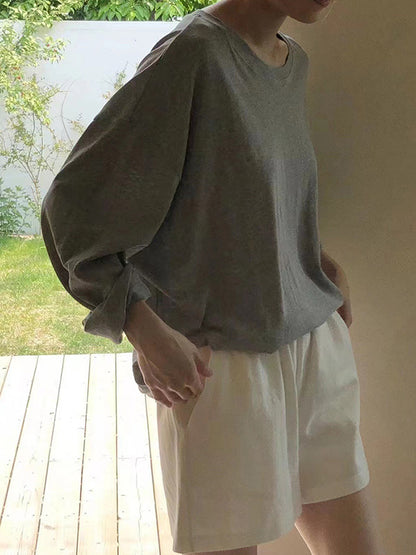 Long Sleeves Loose Solid Color Round-Neck T-Shirts Tops