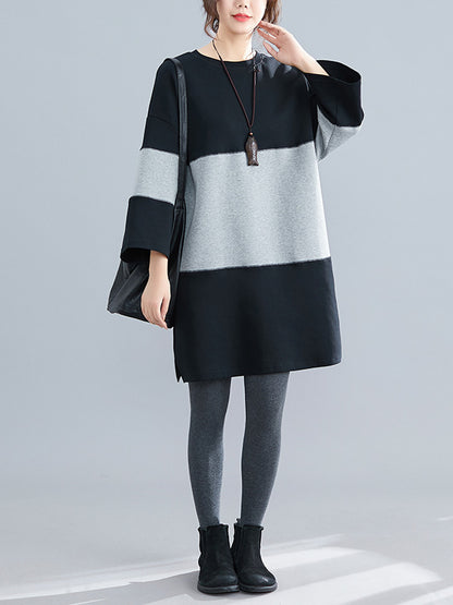 Casual Loose Split-Joint Round-Neck Long Sleeves Mini Dress