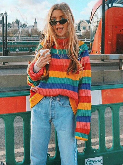 Multicolor Striped Knitting Sweater Tops