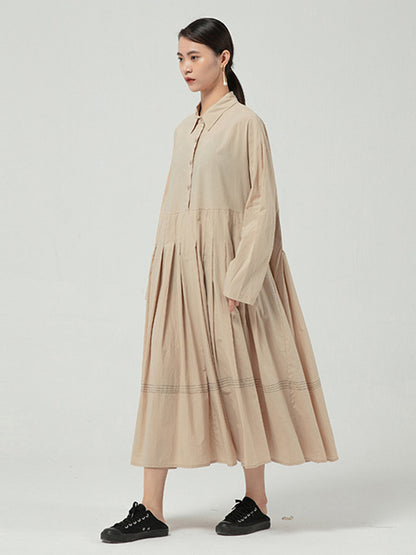 Casual Solid Color Buttoned Pleated Lapel Collar Long Sleeves Midi Dress