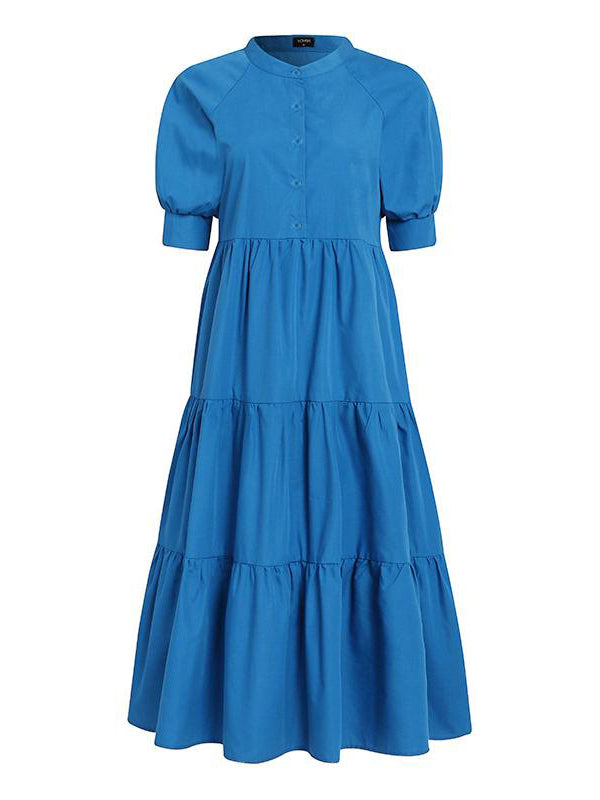 Original Solid Color Split-Joint Pleated Buttoned Stand Collar Half Puff Sleeves Midi Dress