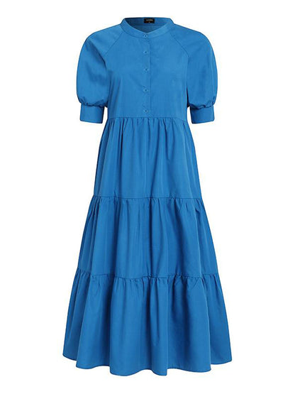 Original Solid Color Split-Joint Pleated Buttoned Stand Collar Half Puff Sleeves Midi Dress