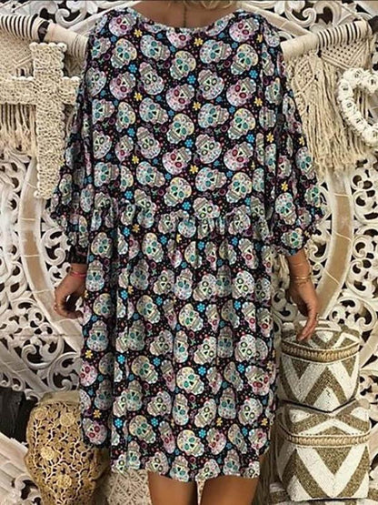 Plus Size V-neck Printed Skull Loose Mini Dress
