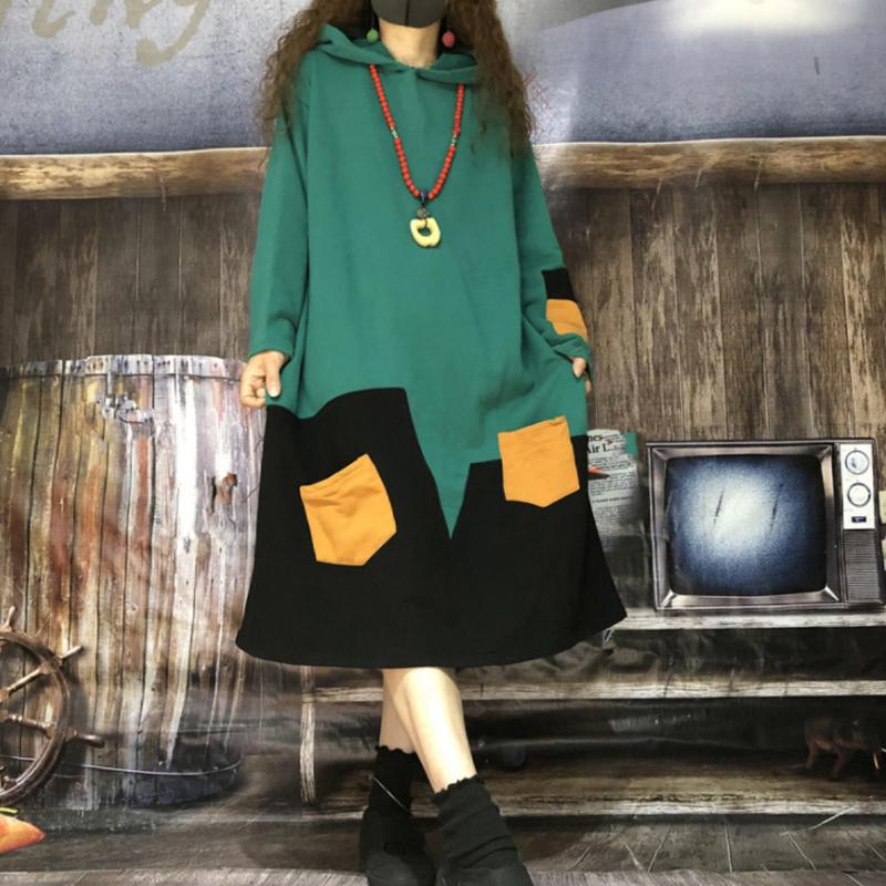 Buykud Color Block Spliced Hooded Loose Dress