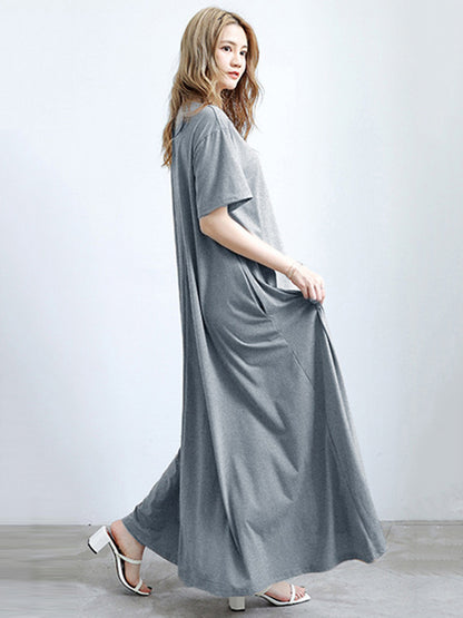 Simple Solid Color Oversized A-Line Round-Neck Short Sleeves Maxi Dress