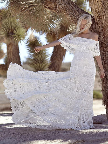 Lace Split-joint Off-the-shoulder Evening Dress