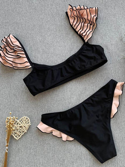 Bandeau Falbala Plain Bikinis Swimwear