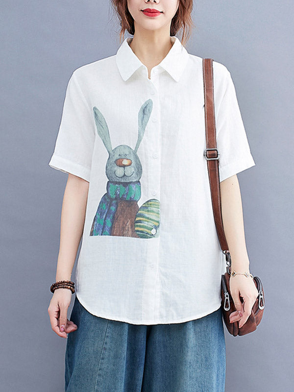 Original Cartoon Printed Lapel Blouse