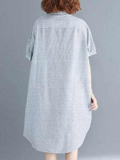 Loose Ramie Cotton Striped Shirt Dress