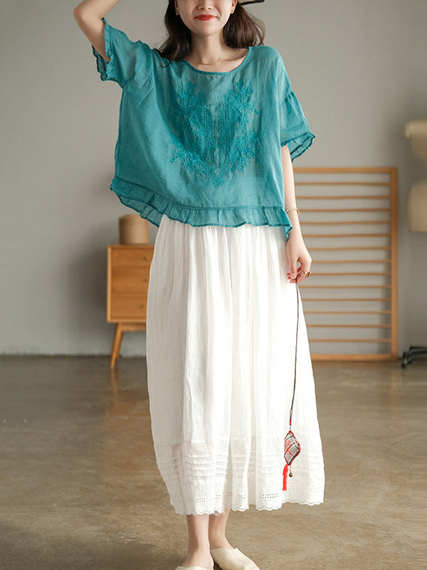 Ramie Cotton Embroidered Round-Neck T-Shirts Tops