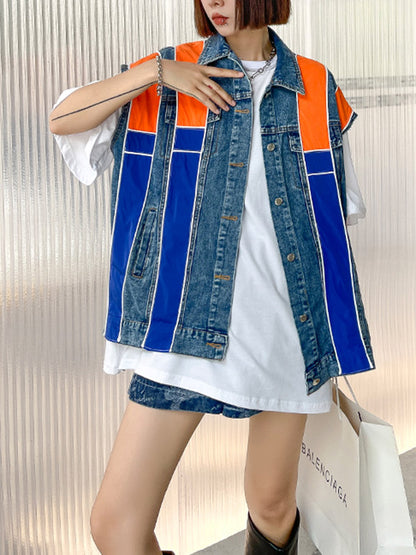 Stylish Split-Joint Striped Lapel Collar Sleeveless Denim Vest Outwear