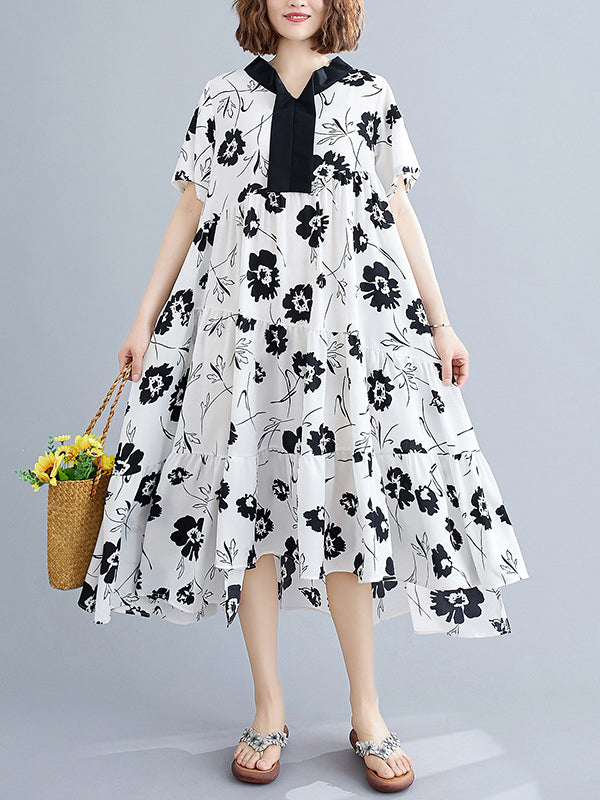 Artistic Retro Loose Floral Printed Pleated Midi Dress