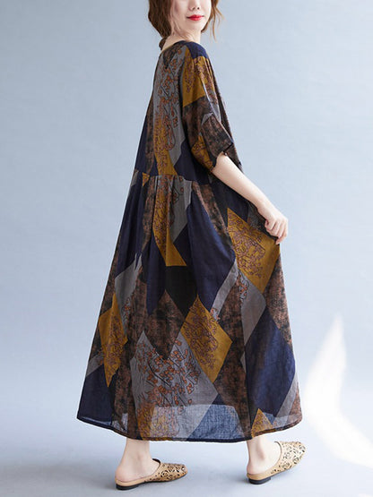 Vintage Printed V-Neck Half Sleeves Midi Dress