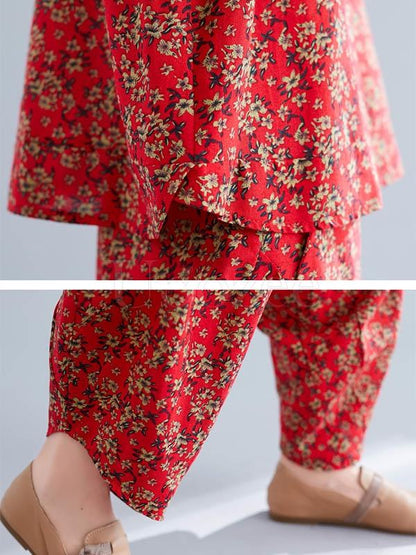 Loose Retro Floral Printed Blouses and Pants Suits