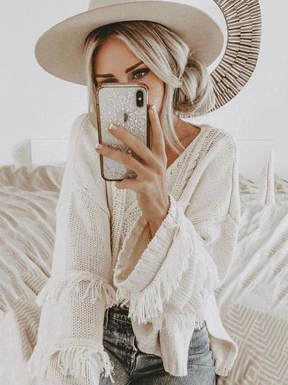 Solid Color V-neck Loose Sweater Tops