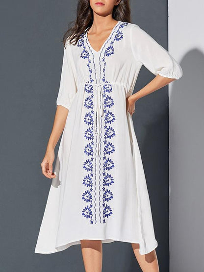 Bohemia Embroidered Floral V Neck Midi Dress