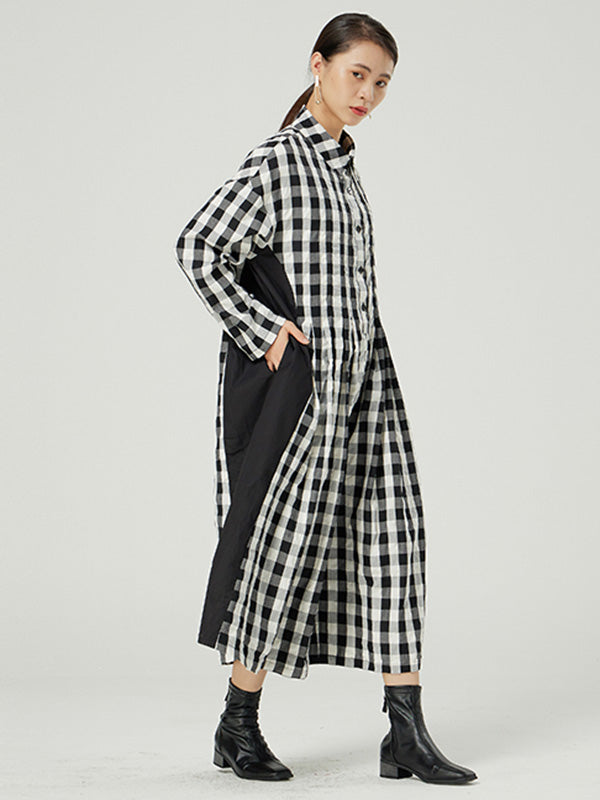 Casual Loose Long Sleeve Plaid Jumpsuits Bottoms