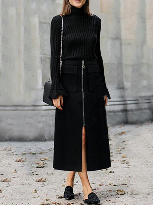 Solid Split-Front Zipper Skirts Bottoms