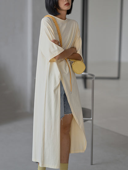 Casual Girlish Split-Side Pleated Half Sleeves Round-Neck Long T-Shirts