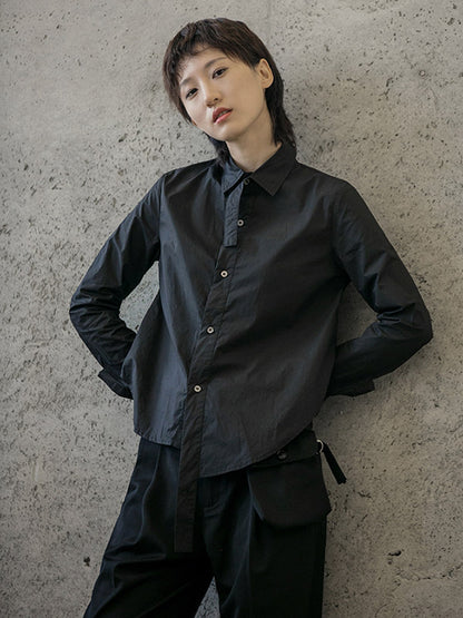 Urban Asymmetric Solid Color Buttoned Lapel Long Sleeves Blouse Tops