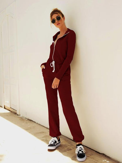 Solid Zipper Drawstring Jumpsuits