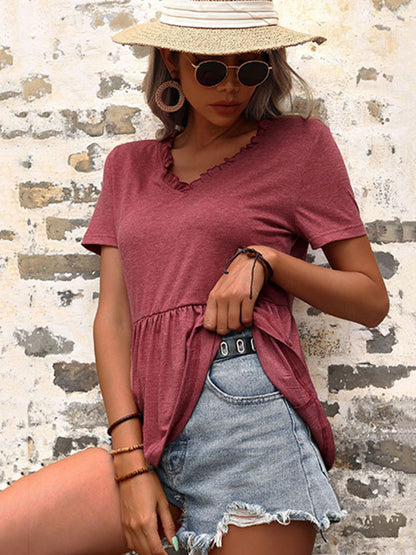 Simple Causal Solid Color Pleated Falbala T-Shirt Top