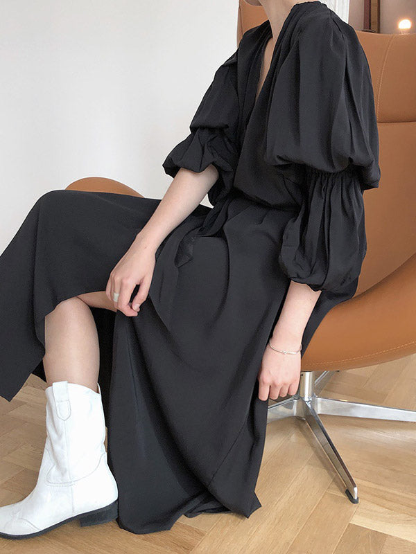 Fashion Split-Front Puff Sleeves V-Neck Midi Dress