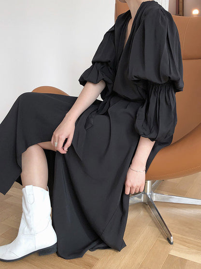 Fashion Split-Front Puff Sleeves V-Neck Midi Dress