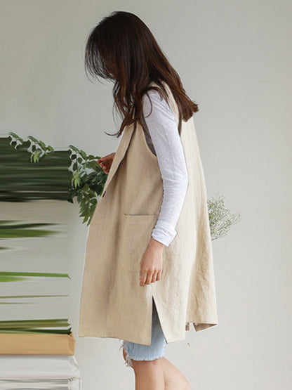 Simple Solid Color Split-Joint With Pocket Linen Notched Collar Vest Outwear