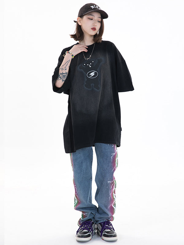 Vintage Round-Neck Bear Print Loose T-Shirts Tops