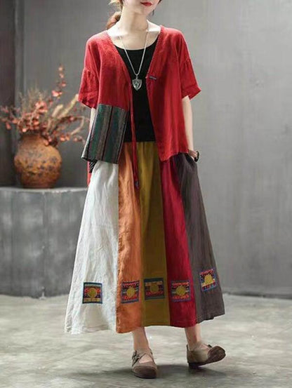 Retro Split-joint Linen Skirt
